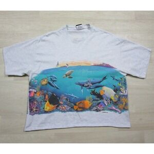 Vintage 90s Habitat AOP Crop T-Shirt (XL) Underwater Marine Life Fish Nature